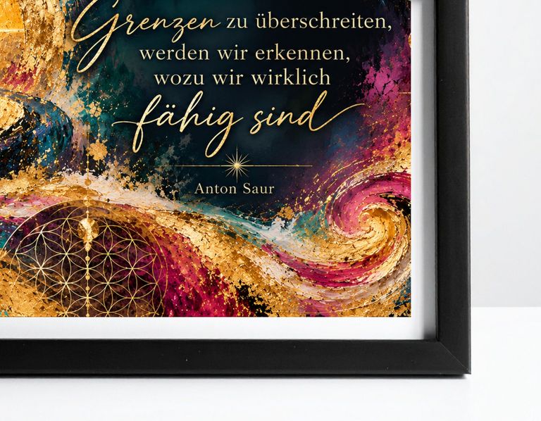 Ausschnitt eines gerahmten Bildes mit einem Zitat von Anton Saur in goldener Schrift vor einem abstrakten, farbenfrohen Hintergrund mit Goldakzenten und dekorativen Mustern.